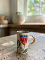 Tazza in gres con fiore rosso, giallo o blu dipinto a mano, circa 10cm di altezza × circa 6cm di diametro